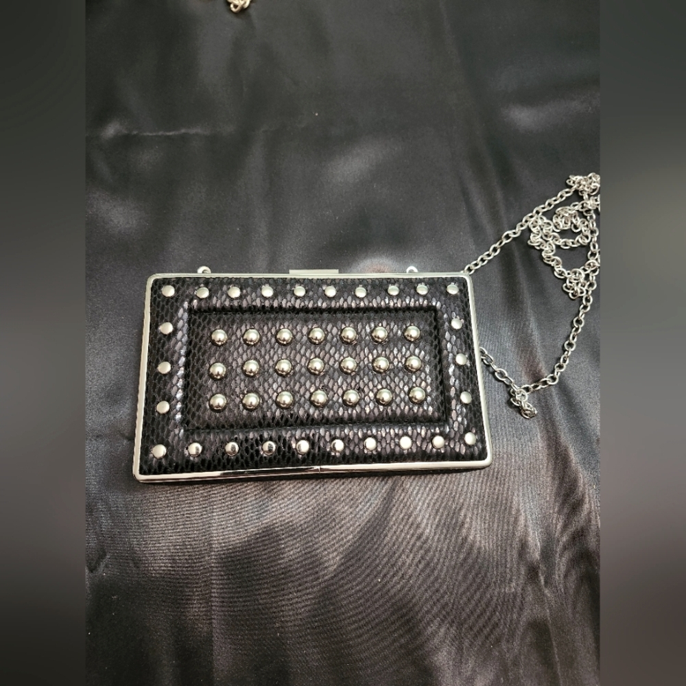 Studded Black Clutch with Chain